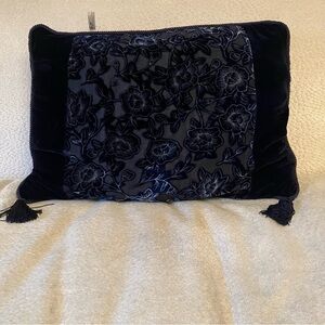 Velvet Burnout Navy Floral  Pillow Lumbar Accent Throw Tassels  Home Decor 14x20